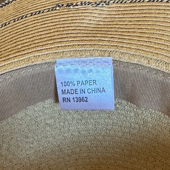 Women's Tan Wide Brim Sun Hat With Blue Trim - Picture 6 of 11